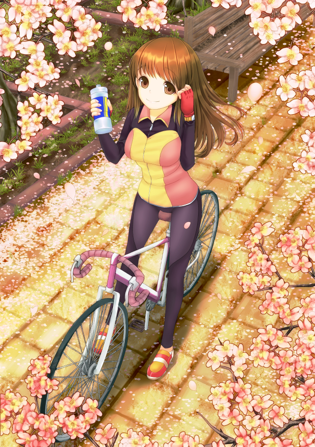 bad_id bad_tinami_id bench bicycle bike_jersey bottle breasts brown_eyes brown_hair chair cherry_blossoms fingerless_gloves from_above gloves ground_vehicle long_hair medium_breasts original pants petals rakuga ringed_eyes smile solo tile_floor tiles tree watch water_bottle wristwatch