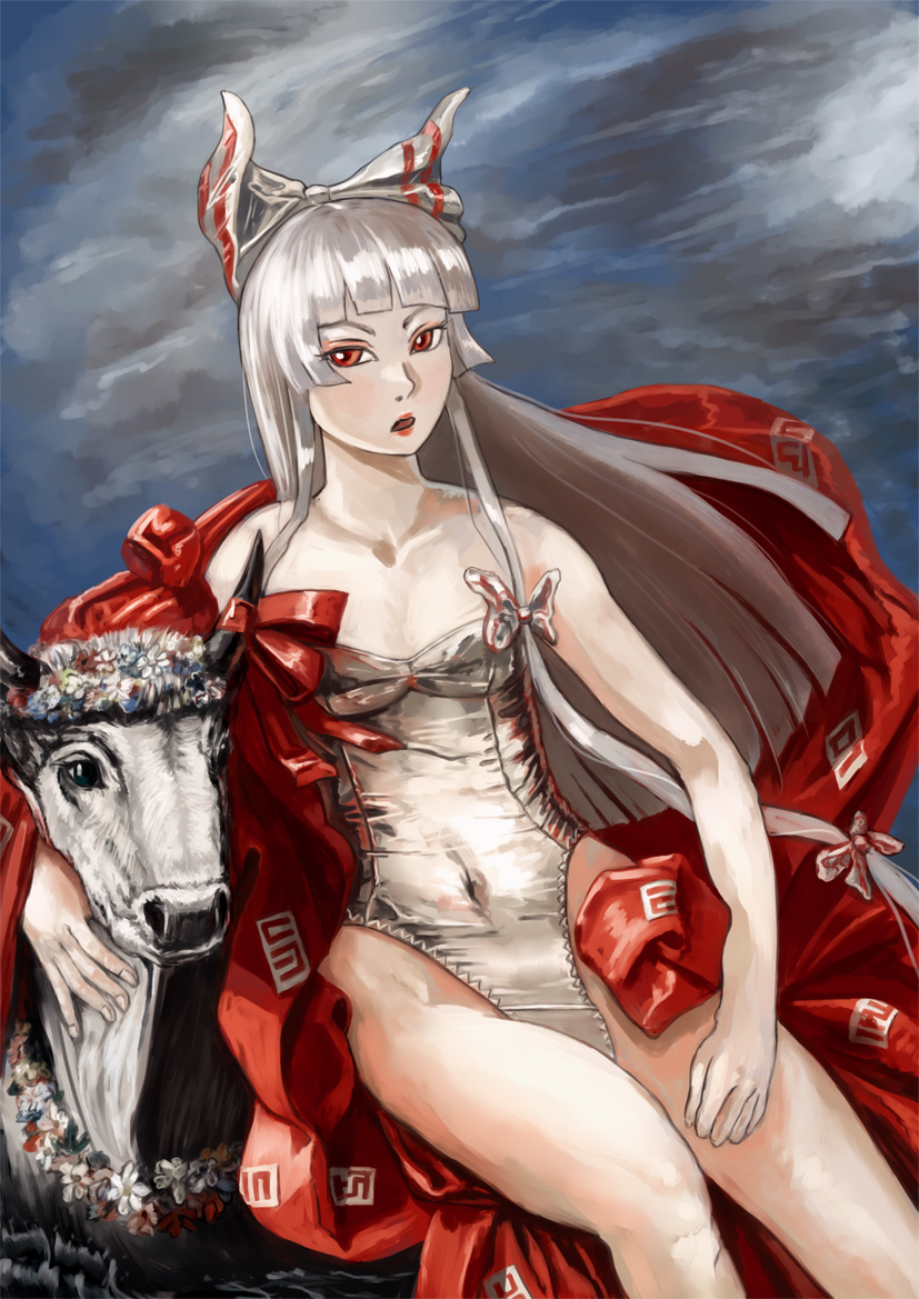 albino alternate_costume amibazh bangs blue_eyes blue_sky blunt_bangs bow breasts bull cloud cloudy_sky collarbone commentary eyeshadow fine_art_parody fujiwara_no_mokou hair_bow hips impossible_clothes impossible_swimsuit long_hair makeup navel one-piece_swimsuit pale_skin parody red_eyes red_lips shiny shiny_hair sideways_glance silver_hair sky small_breasts solo swimsuit the_rape_of_europa thighs touhou water wind wreath