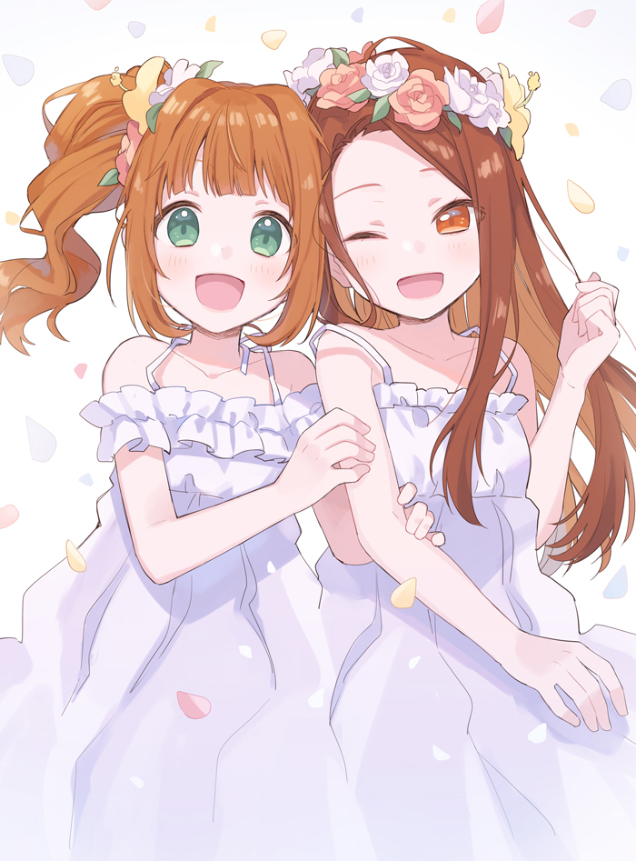 2girls arm_grab brown_eyes brown_hair dress eyes_visible_through_hair flower_wreath gomi_chiri green_eyes head_to_head head_wreath idolmaster idolmaster_(classic) long_hair looking_at_viewer minase_iori multiple_girls one_eye_closed open_mouth orange_hair petals strap_slip takatsuki_yayoi twintails white_dress