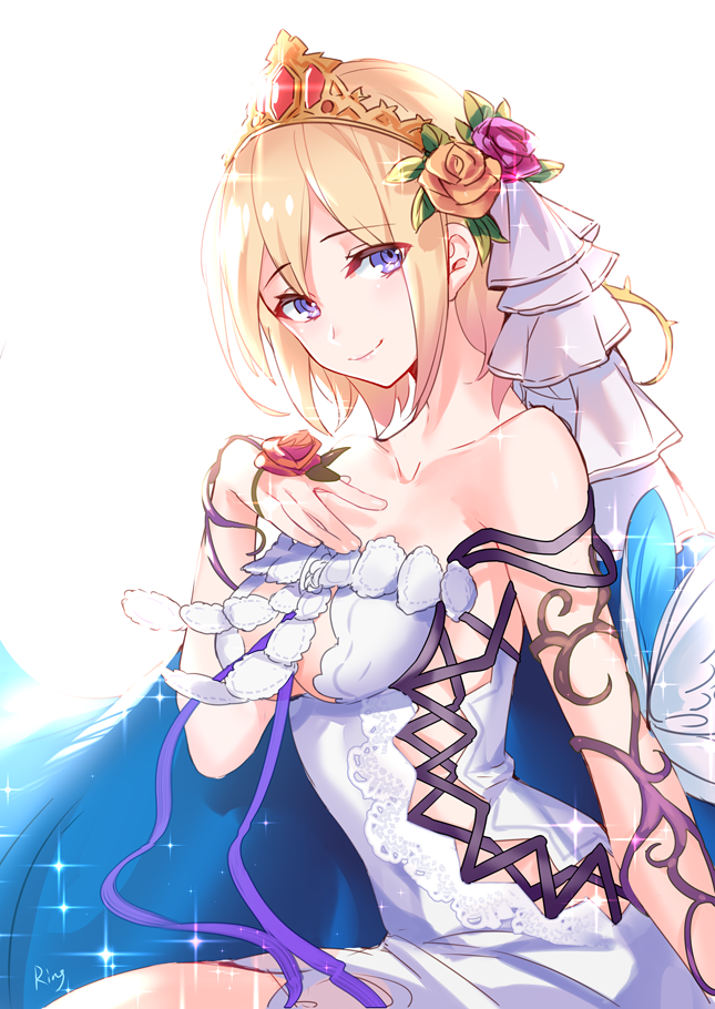 1girl aki663 arm_at_side bangs bare_shoulders blonde_hair blue_eyes blush breasts cleavage collarbone dress europa_(granblue_fantasy) eyebrows_visible_through_hair flower granblue_fantasy hair_between_eyes hair_flower hair_ornament hand_on_own_chest looking_at_viewer medium_breasts off_shoulder pink_lips short_hair sitting smile solo tiara veil white_dress
