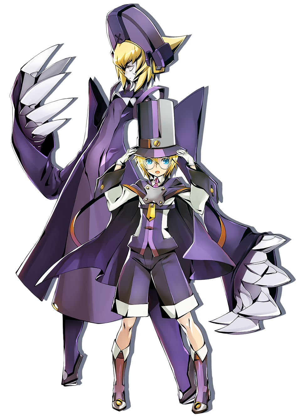 1girl :o android blazblue blazblue:_central_fiction blonde_hair blue_eyes boots cape carl_clover claws dress full_body glasses gloves hat highres katou_yuuki knee_boots looking_at_viewer nirvana official_art purple_dress purple_footwear purple_hat purple_shorts round_eyewear shadow shirt short_hair shorts standing top_hat white_background white_gloves