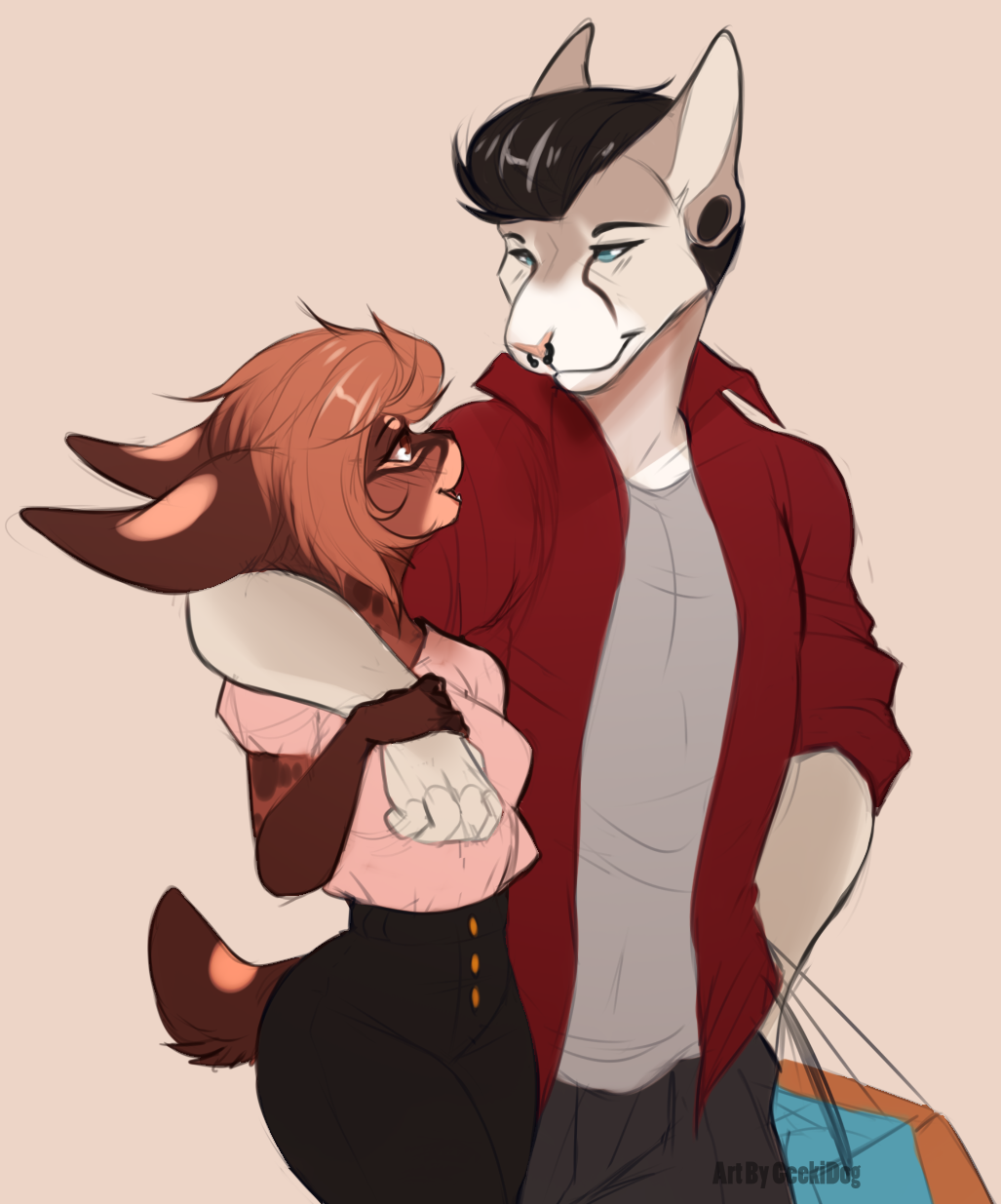 anthro blush clothed clothing duo ear_piercing facial_piercing feline female fur geekidog hair male male/female mammal nose_piercing open_mouth piercing serval simple_background smile standing wide_hips