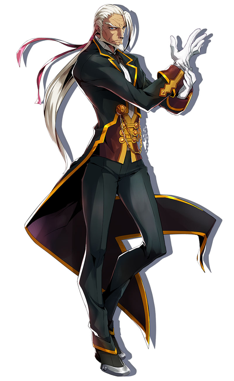 beard black_footwear black_pants blazblue blazblue:_central_fiction blue_eyes butler chain facial_hair formal full_body gloves hair_ribbon highres katou_yuuki long_hair looking_at_viewer male_focus official_art old_man pants pink_ribbon ponytail ribbon serious shadow shoes solo standing suit valkenhayn_r_hellsing white_background white_gloves white_hair