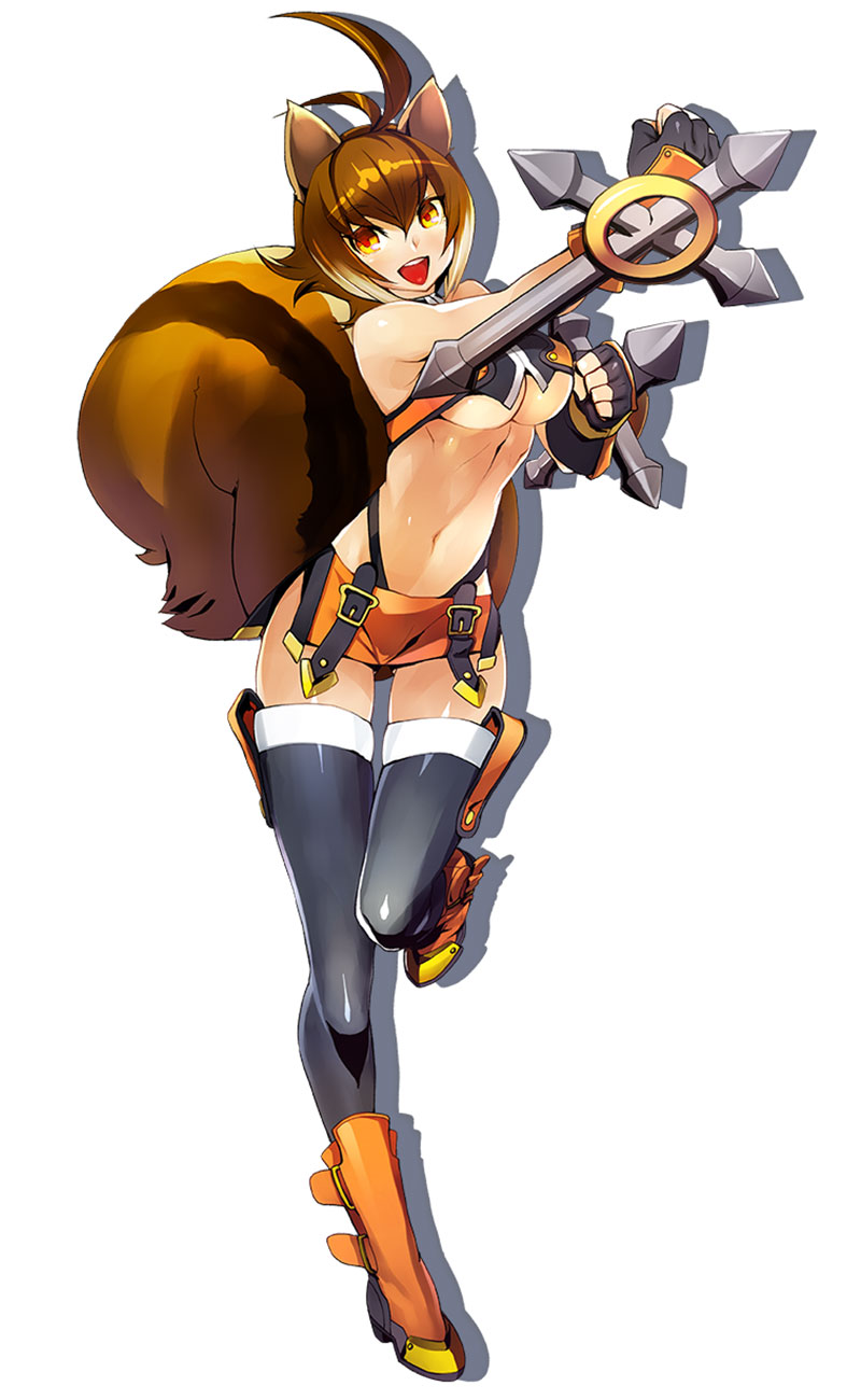 :d ahoge animal_ears black_gloves black_legwear blazblue blazblue:_central_fiction boots breasts brown_hair fingerless_gloves gloves highres katou_yuuki knee_boots large_breasts looking_at_viewer makoto_nanaya miniskirt multicolored_hair official_art open_mouth orange_eyes orange_footwear orange_skirt shadow shiny shiny_skin short_hair skirt smile solo squirrel_ears squirrel_tail standing streaked_hair tail thighhighs tonfa underboob weapon white_background white_hair