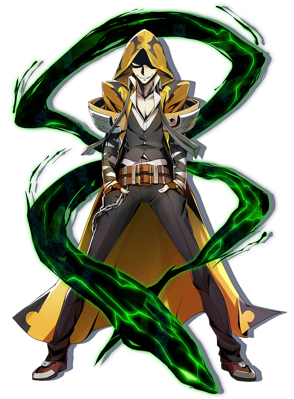 belt black_pants blazblue blazblue:_central_fiction brown_footwear chain coat evil_smile full_body grin hands_in_pockets highres hood katou_yuuki looking_at_viewer male_focus official_art pants shadow shoes smile solo standing white_background yellow_eyes yuuki_terumi