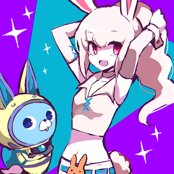 animal_ears arms_up bunny bunny_ears crossed_arms helmet high_ponytail long_hair midriff open_mouth pink_eyes snowrabby spacesuit tobari usapyon youkai youkai_watch youkai_watch_3