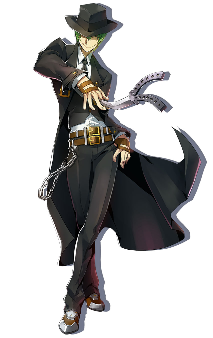 balisong belt between_fingers black_hat black_neckwear black_pants blazblue blazblue:_central_fiction brown_footwear chain closed_eyes facing_viewer fedora formal full_body green_hair hat hazama highres katou_yuuki knife male_focus necktie official_art pants shadow shoes smile solo standing suit weapon white_background