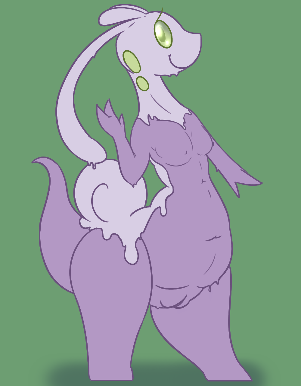 anthro anthrofied barefoot breasts dripping female gastropod goo green_eyes looking_at_viewer navel nintendo nipples nude pok&eacute;mon posexe purple_skin pussy scalie simple_background sliggoo slightly_chubby slime slug small_breasts smile snail solo standing thick_thighs video_games wide_hips