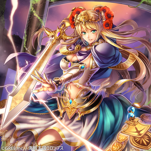 arm_up bangs blonde_hair bracelet breasts cape circlet cleavage cloud cloudy_sky company_name copyright_name cowboy_shot electricity eyebrows eyebrows_visible_through_hair fighting_stance flower gauntlets gem glowing glowing_weapon green_eyes hair_flower hair_ornament holding holding_sword holding_weapon jewelry kaizoku_ookoku_koronbusu large_breasts long_hair looking_at_viewer milcho navel official_art outstretched_arm plant sky smile solo sword vines weapon white_legwear