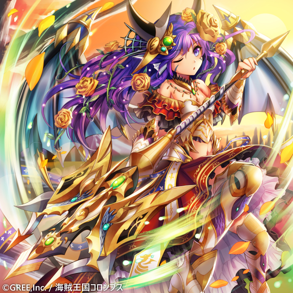 :o arm_guards armor bangs bare_shoulders blue_eyes boots company_name copyright_name dress eyebrows eyebrows_visible_through_hair facial_mark flower flying frills hair_flower hair_ornament holding holding_weapon horns jewelry kaizoku_ookoku_koronbusu long_hair looking_at_viewer milcho navel necklace official_art one_eye_closed petals plant polearm purple_hair sky solo sunset thigh_boots thighhighs tree trident vines weapon wings