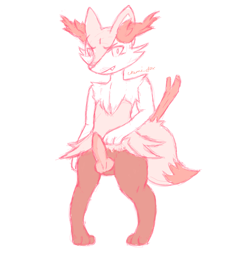 anthro braixen canine chemi_fox confident knot male mammal nintendo penis pok&eacute;mon presenting presenting_penis simple_background solo video_games white_background