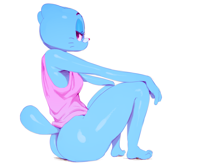 anthro barefoot blue_fur bottomless breasts butt cartoon_network cat clothed clothing feline female fur mammal nicole_watterson smile solo sunibee the_amazing_world_of_gumball