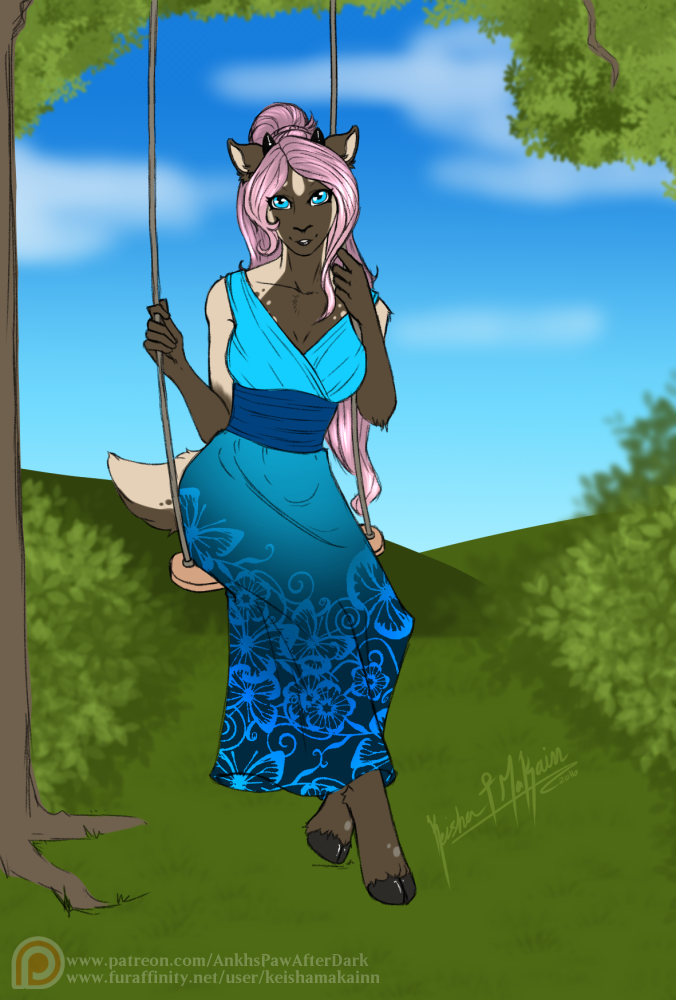 bushes caprine colored_sketch goat hooves horn keisha_makainn kerrina_(character) leaves mammal outside patreon sun_dress swing tree