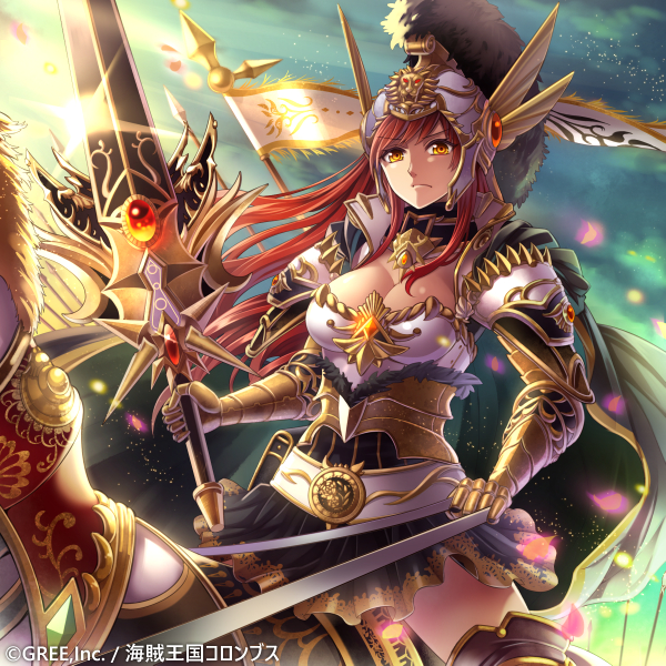 armor armored_dress bangs breasts brown_hair cape cleavage cloud company_name copyright_name eyebrows eyebrows_visible_through_hair flag gauntlets gem helmet holding holding_sword holding_weapon horse kaizoku_ookoku_koronbusu large_breasts long_hair looking_at_viewer milcho official_art pauldrons petals polearm red_eyes sky solo_focus spear sword weapon