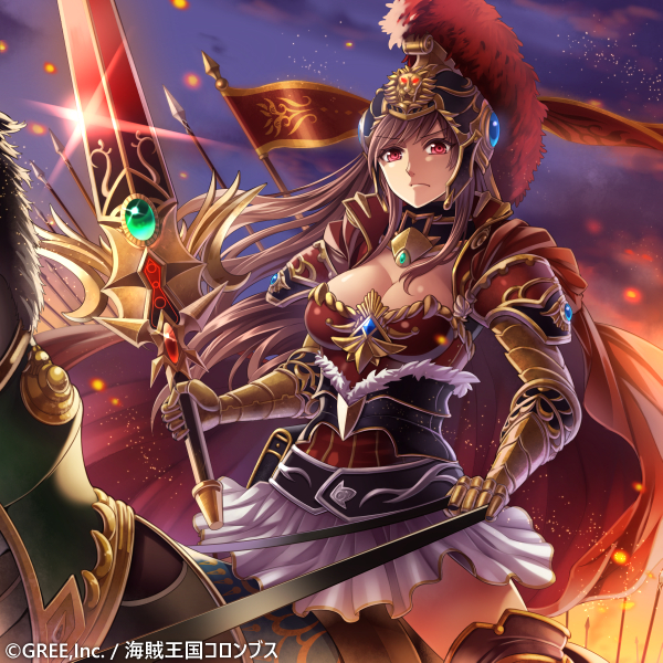 armor armored_dress bangs breasts brown_hair cape cleavage cloud company_name copyright_name eyebrows eyebrows_visible_through_hair fire flag gauntlets gem helmet holding holding_sword holding_weapon horse kaizoku_ookoku_koronbusu large_breasts long_hair looking_at_viewer milcho official_art pauldrons polearm red_eyes sky solo_focus spear sword weapon