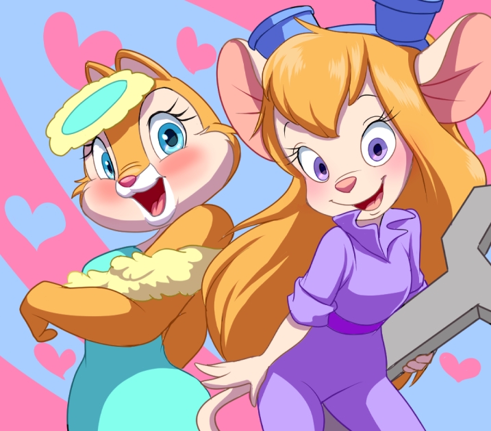 &lt;3 2012 anthro blonde_hair blue_eyes blush chip_'n_dale_rescue_rangers chipmunk clarice clothing coveralls digital_media_(artwork) disney dress duo eyewear female flower gadget_hackwrench goggles hair happy mammal mouse na_chi_~yunori_oshigoto_boshū-chū open_mouth pink_nose plant purple_eyes rodent smile tools wrench