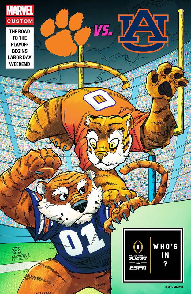 2016 american_football anthro auburn claws clemson clothing college english_text feline fight football_(disambiguation) male mammal marvel official_art school sport text tiger unknown_artist