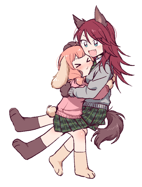 &gt;_&lt; 2girls :d :t animal_ears bang_dream! blush cardigan commentary_request dog_ears dog_tail fang gloves green_eyes green_skirt grey_cardigan hand_on_another's_head hug kemonomimi_mode long_hair long_sleeves low_twintails miniskirt multiple_girls open_mouth paw_boots paw_gloves paws pink_cardigan pink_hair plaid plaid_skirt pleated_skirt re_ghotion red_hair simple_background skirt smile tail twintails udagawa_tomoe uehara_himari white_background yuri