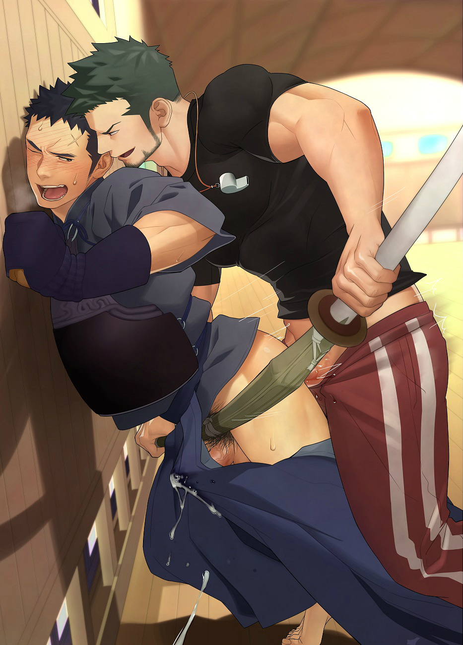 2boys against_wall age_difference anal armor bara barefoot blush bulge ejaculation erection evil_grin facial_hair feet grin itto_(mentaiko) multiple_boys muscle naughty_face open_mouth orgasm penis restrained scar sex smile smirk steam student sweat teacher teeth thrusting toes tongue undressing weapon wince yaoi
