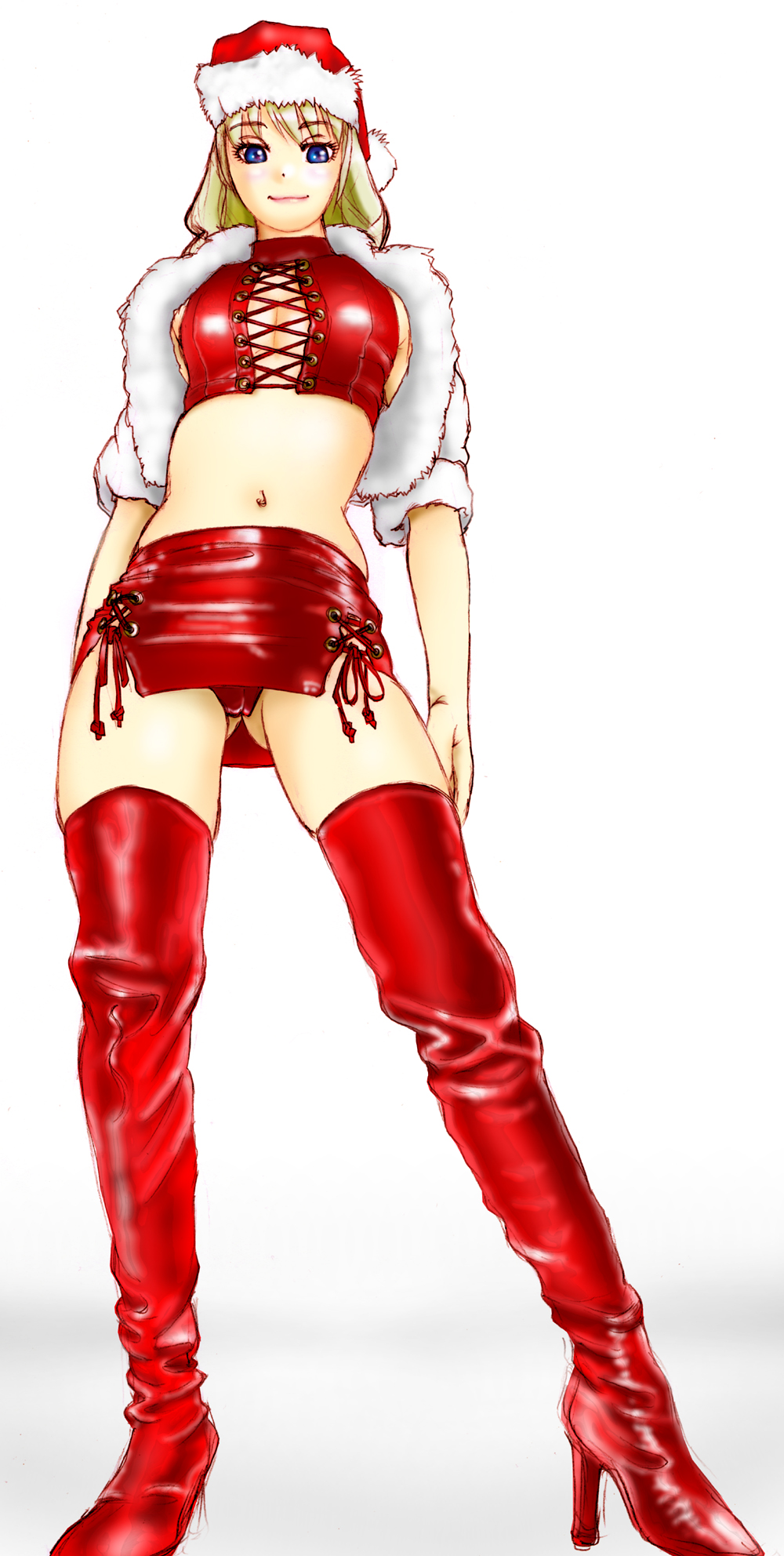 1girl blonde_hair blue_eyes bondage boots christmas cleavage female femdom gankisuki hat latex_boots latex_skirt light_smile looking_at_viewer looking_down miniskirt navel red_boots red_hat simple_background skirt solo standing white_background