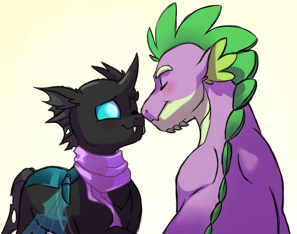 2016 blue_eyes blush boop changeling dragon duo fangs friendship_is_magic lopoddity my_little_pony nose_boop nose_kiss scarf spike_(mlp) thorax_(mlp)