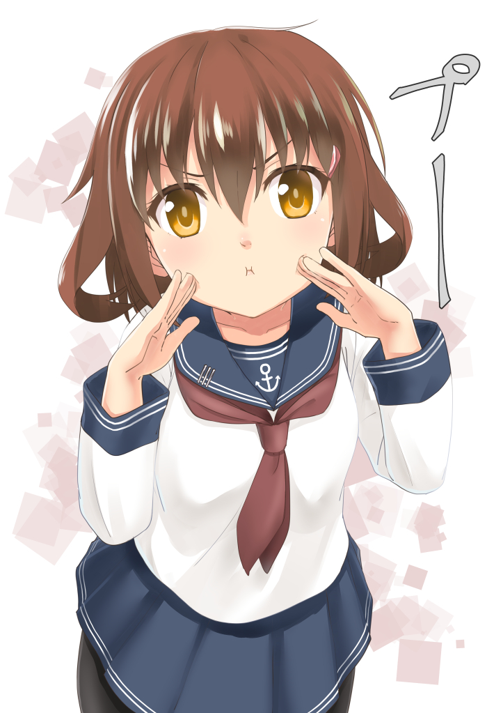:i anchor_symbol black_legwear blue_skirt blush brown_hair closed_mouth collarbone commentary_request cowboy_shot hair_ornament hairclip hands_on_own_cheeks hands_on_own_face ikazuchi_(kantai_collection) kantai_collection long_sleeves neckerchief number pantyhose pleated_skirt pout red_neckwear roman_numerals school_uniform serafuku shimotsuki_iko shirt short_hair simple_background skirt solo standing text_focus translated v-shaped_eyebrows white_background white_shirt yellow_eyes