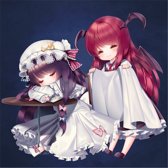 ^_^ bat_wings blue_background blush capelet chair chibi chin_rest closed_eyes collared_shirt covering_with_blanket crescent crescent_moon_pin dress dress_shirt eyelashes frilled_dress frilled_skirt frills full_body hair_ribbon hat head_wings koakuma long_hair low-tied_long_hair mob_cap multiple_girls necktie patchouli_knowledge radge red_hair red_neckwear ribbon shirt shoes sidelocks simple_background sitting skirt skirt_set sleeping smile table touhou tress_ribbon very_long_hair vest white_shirt wings