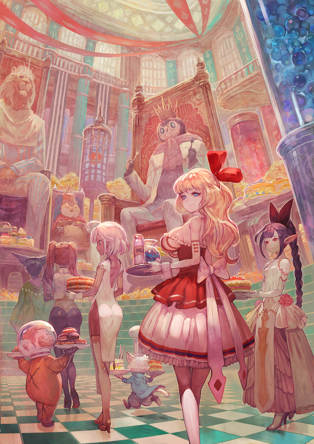 5girls ass bird black_hair black_legwear blonde_hair blue_eyes bottle bow breasts brown_hair cake candy chair chipmunk cover cover_page crown dark_skin doughnut doujin_cover dress elbow_gloves facial_hair food fork from_behind furry giving gloves hair_bow helmet high_heels highres holding holding_fork holding_plate indoors lack large_bow large_breasts layered_dress lion long_sleeves milk milk_bottle multiple_girls mustache original owl pantyhose personification plate pointy_hair purple_hair running sitting small_breasts smile squirrel standing strapless strapless_dress sweets thighhighs tile_floor tiles twintails white_bow white_gloves white_hair white_legwear