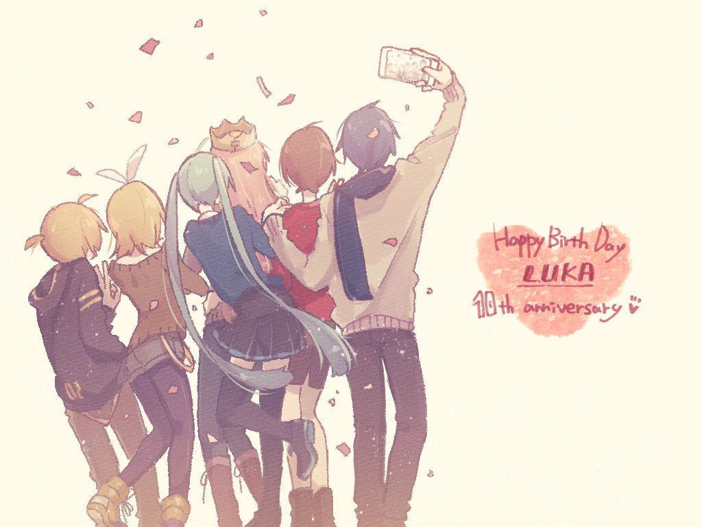 2boys 4girls ahoge anniversary aqua_hair belt blonde_hair blue_hair blue_shirt bow brown_hair commentary confetti crown from_behind full_body group_picture hair_bow hand_on_shoulder happy_birthday hatsune_miku heart holding holding_phone hood hoodie kagamine_len kagamine_rin kaito leg_up long_hair megurine_luka meiko mi_no_take multiple_boys multiple_girls phone pink_hair ponytail red_shirt scarf self_shot shirt short_hair skirt standing sweater taking_picture twintails v very_long_hair vocaloid