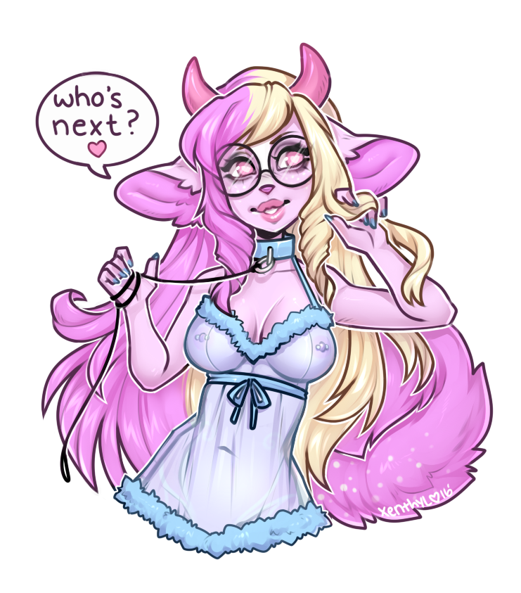 anthro babydoll bella_oc bisexual breasts closed_species clothing collar eyewear female furaffinity glasses horn leash lewd male mammal nipple_piercing nipples octacats original_oc outfits pastel piercing seductive solo suggestive xenthyl