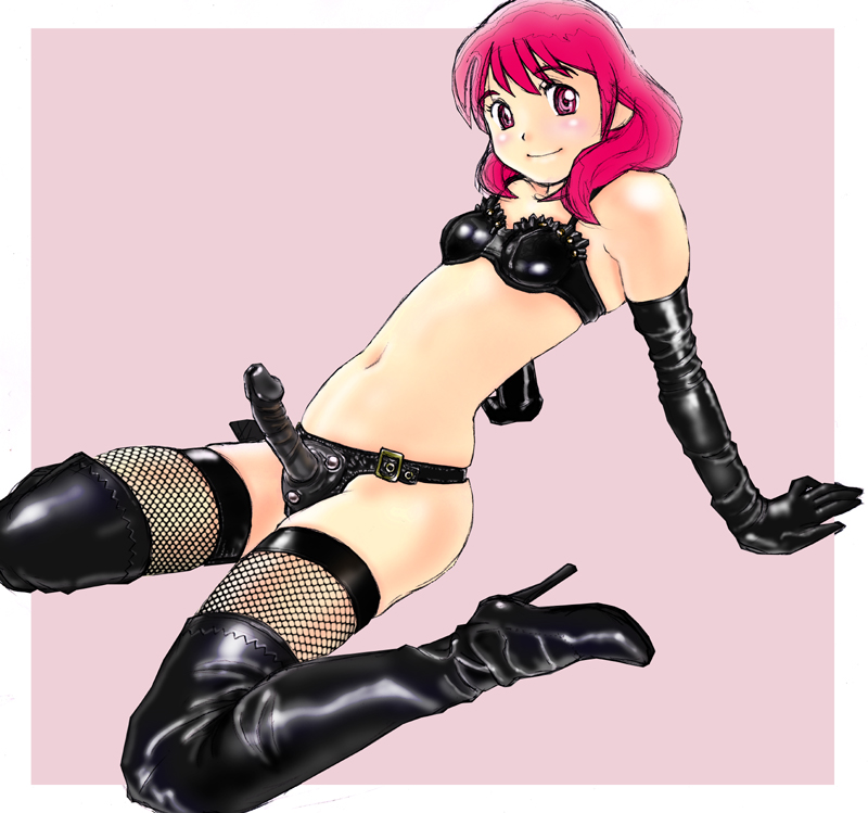 1girl arm_support black_boots black_gloves black_legwear bondage boots elbow_gloves female fishnet fishnet_legwear gankisuki gloves high_heels kneeling latex_boots latex_gloves latex_top leaning_back legwear looking_at_viewer on_floor pink_background pink_eyes pink_hair simple_background sitting smile solo strap-on thighhighs top wariza