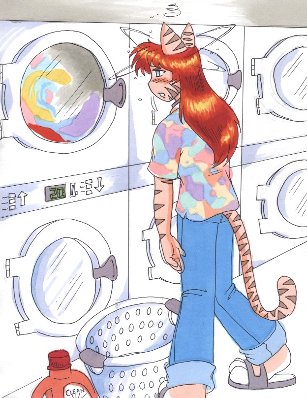 clothing dizzy felid female footwear hair hypnosis jeans laundromat mammal mind_control pantherine pants red_hair sandals shirt solo standing sue-chan_(artist) t-shirt tiger traditional_media_(artwork) washing_machine