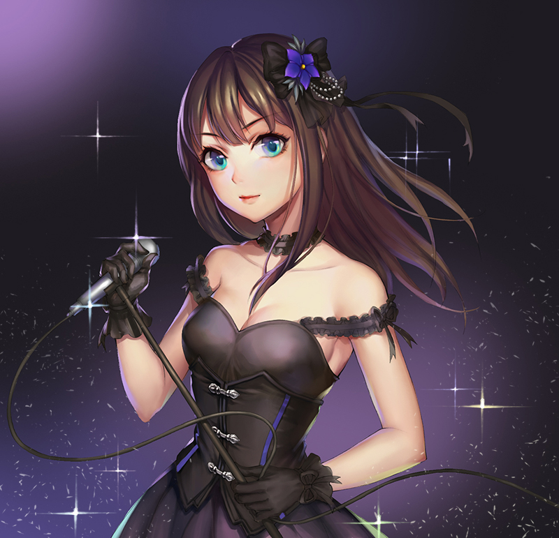 bare_shoulders black_gloves black_gothic_dress_(idolmaster) breasts brown_hair choker dress flower gloves green_eyes hair_flower hair_ornament idolmaster idolmaster_cinderella_girls long_hair looking_at_viewer medium_breasts microphone redamon shibuya_rin solo sparkle