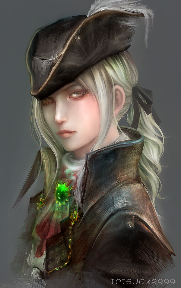 1girl ascot blonde_hair blood bloodborne gem green_eyes hat lady_maria_of_the_astral_clocktower libs long_hair looking_at_viewer solo tetsuok9999 the_old_hunters