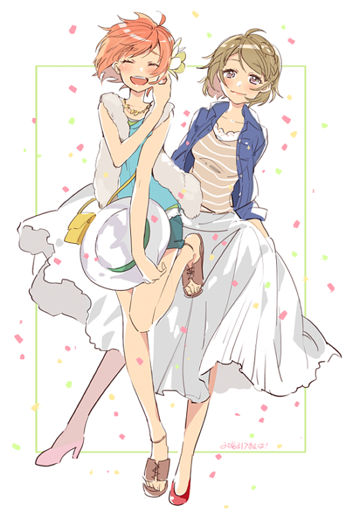 2girls :d ^_^ ahoge bag blush border brown_hair casual closed_eyes confetti dated flower green_border hair_flower hair_ornament hand_on_own_cheek hat hat_removed headwear_removed high_heels holding holding_hat hoshizora_rin jacket jewelry karuha koizumi_hanayo looking_at_viewer love_live! love_live!_school_idol_project multiple_girls necklace open_mouth orange_hair outside_border purple_eyes sandals shirt short_hair short_shorts shorts shoulder_bag signature skirt skirt_hold sleeveless smile standing standing_on_one_leg striped striped_shirt white_skirt