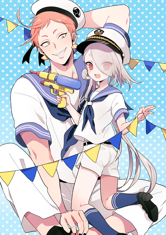 50yen blue_legwear earrings eyes_visible_through_hair grin hair_over_one_eye hat ima-no-tsurugi iwatooshi jewelry kneehighs kneeling male_focus multiple_boys open_mouth orange_eyes orange_hair polka_dot polka_dot_background red_eyes sailor sailor_hat sharp_teeth shorts sitting size_difference smile string_of_flags teeth touken_ranbu water_gun white_hair