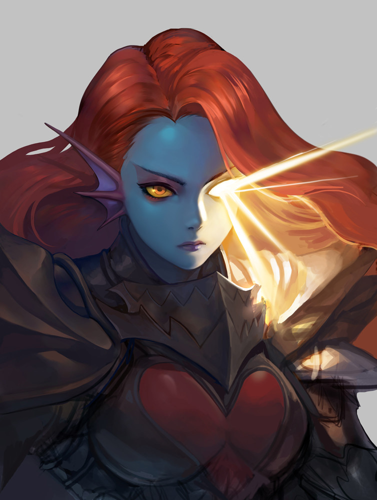 armor artstation_sample blue_skin breasts closed_mouth eyebrows eyeliner eyeshadow gd_choco glowing glowing_eye grey_background head_fins heart humanization image_sample lips long_hair looking_at_viewer makeup medium_breasts nose orange_eyes orange_hair realistic serious simple_background skirt solo spoilers straight_hair undertale undyne undyne_the_undying upper_body yellow_sclera