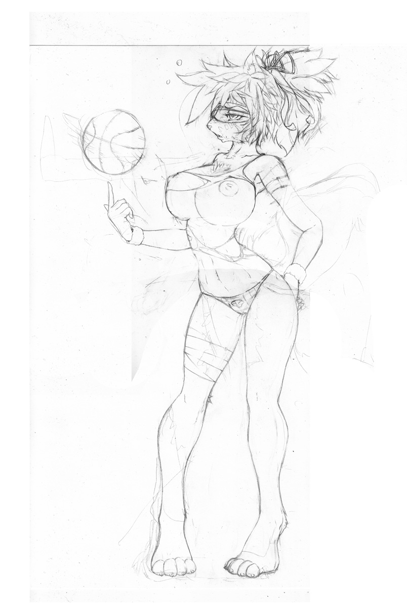 anthro areola basketball big_breasts breasts chipmunk clothed clothing female huge_breasts mammal monochrome nipples panties rodent sketch skimpy solo standing thedandelion underwear wide_hips