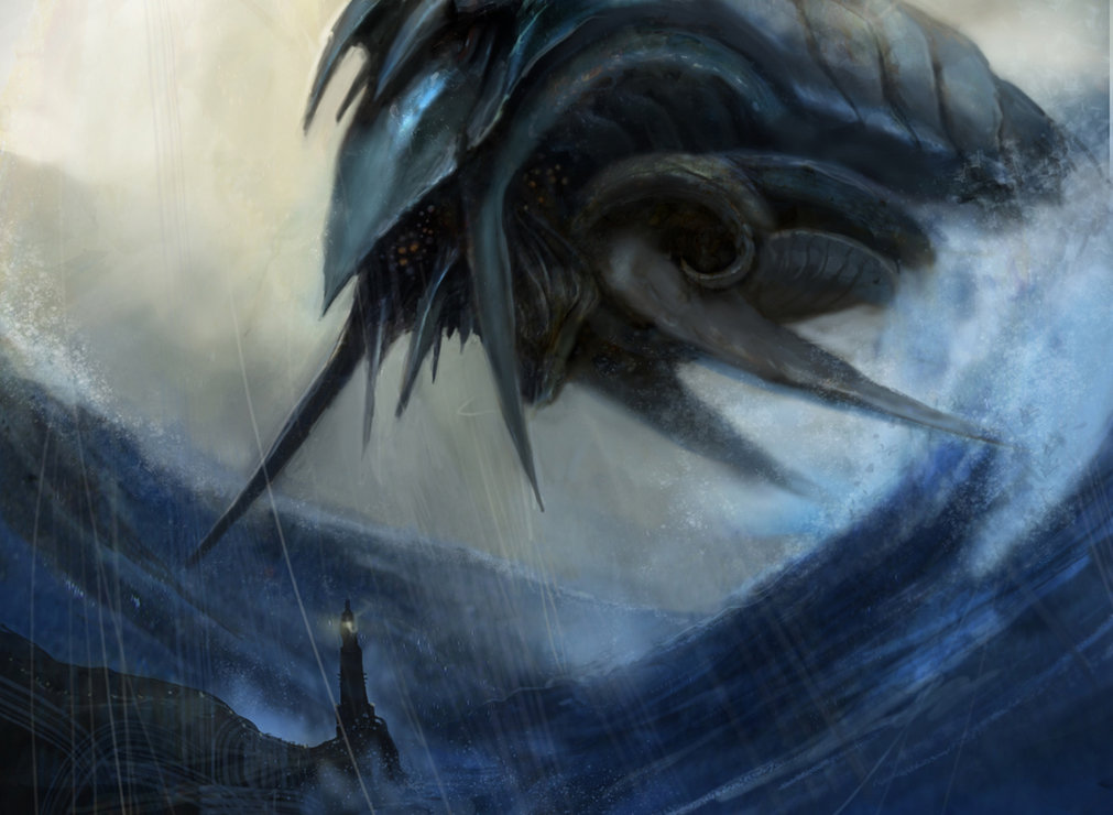 anthony_francisco blue_theme breaching feral lighthouse macro magic_the_gathering marine official_art open_mouth sea sea_serpent side_view storm water wave