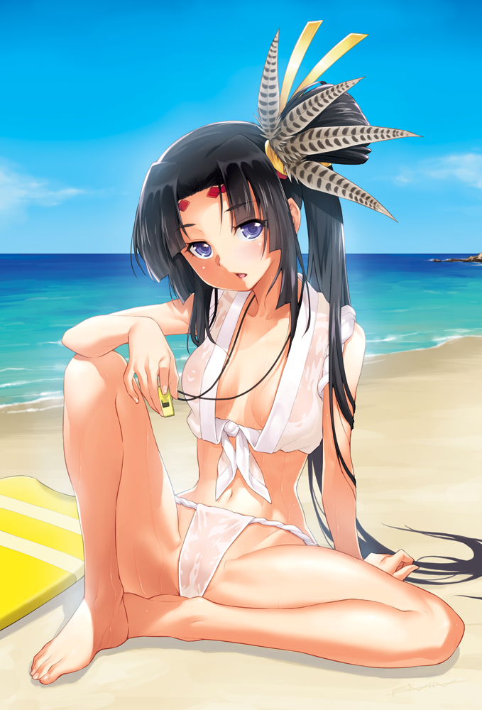 arm_support barefoot beach black_hair blush breasts cameltoe chaldea_lifesavers cloud collarbone day fate/grand_order fate_(series) feathers feet front-tie_top fundoshi hair_feathers horizon japanese_clothes kazuma_muramasa kickboard long_hair long_legs looking_at_viewer medium_breasts ocean open_mouth outdoors purple_eyes rokushaku_fundoshi see-through shiny shiny_hair side_ponytail sidelocks sitting sky solo spread_legs ushiwakamaru_(fate/grand_order) very_long_hair water wet wet_clothes whistle yamakasa