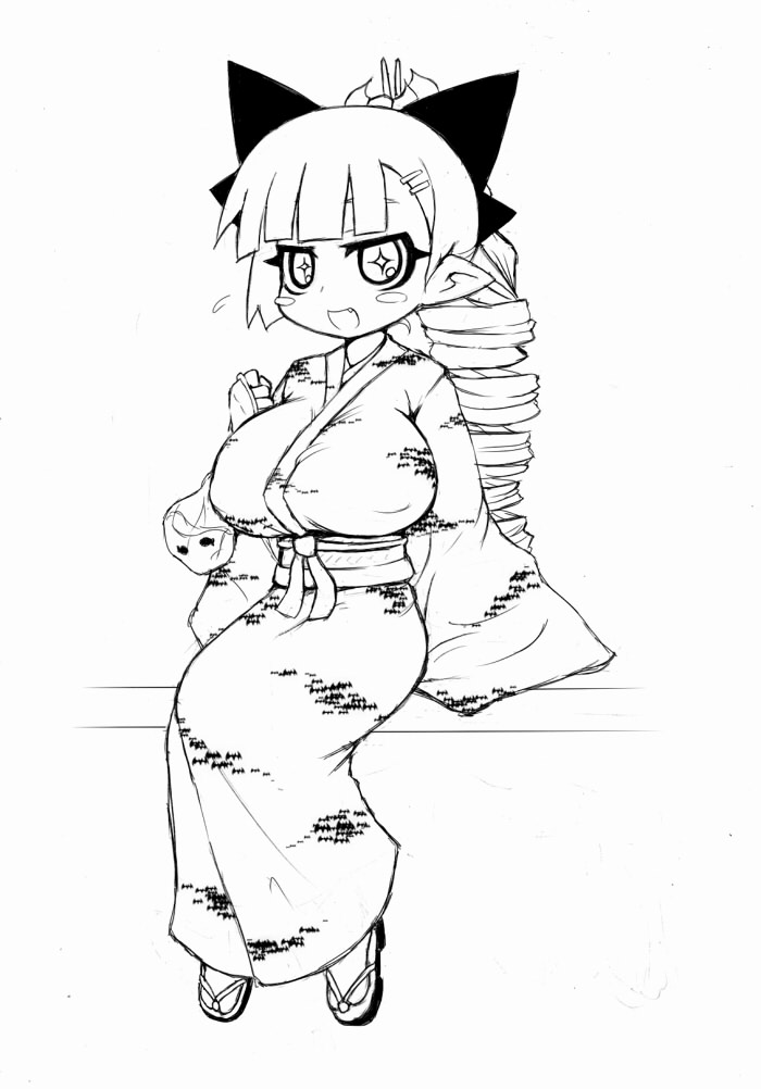 arekishi big_breasts breasts clothing elf female huge_breasts humanoid japanese_clothing kimono model_sheet oppai_loli solo uni_(arekishi)