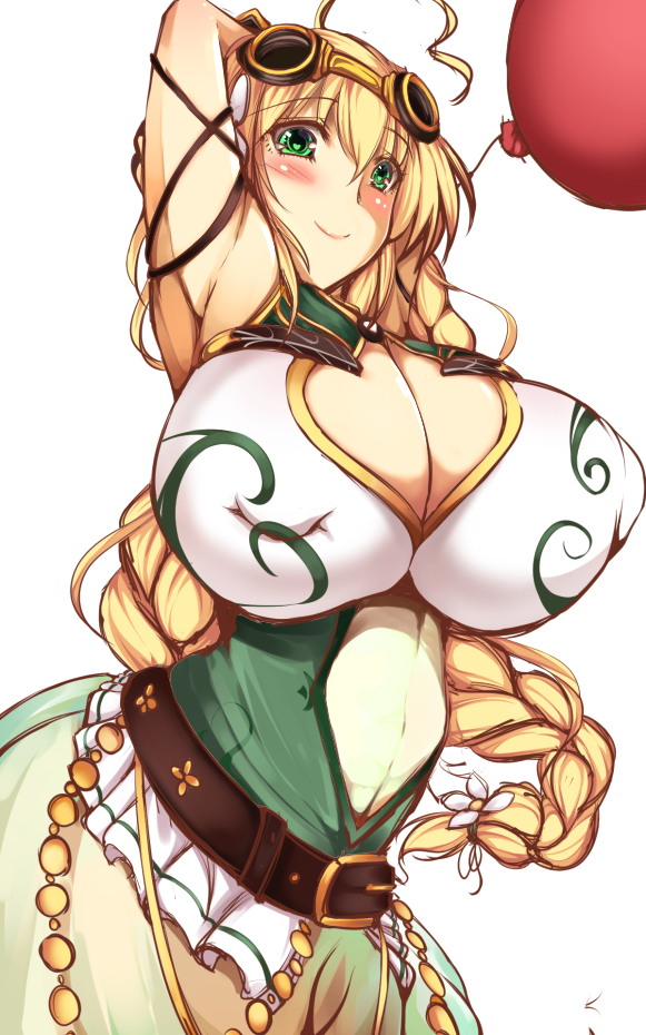 arm_up armpits balloon balloon_vine_(flower_knight_girl) blonde_hair blush braid breasts cleavage cleavage_cutout cowboy_shot flower_knight_girl goggles goggles_on_head green_eyes green_skirt heart heart-shaped_pupils huge_breasts long_hair looking_at_viewer see-through skirt smile solo symbol-shaped_pupils white_background yuuichi_(eunoxline)