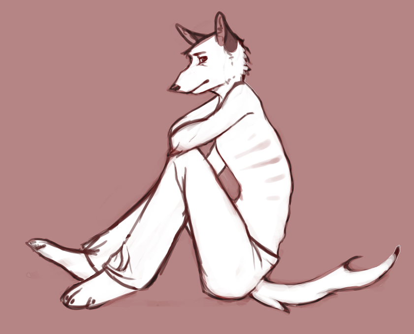 2014 bent_legs canine clothed clothing emaciated jeans male mammal monochrome pants partially_clothed pose sitting sketch solo speed_paint tag_wip theowlette topless wolf