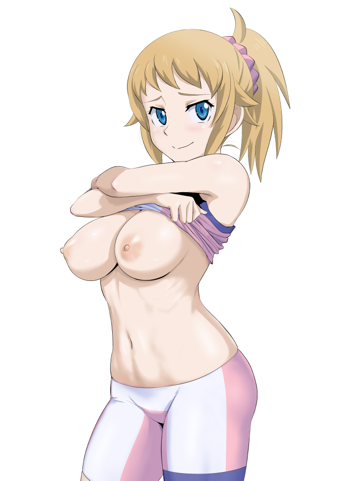 1girl armpits arms_up bare_arms bare_shoulders bike_shorts blue_eyes blush breasts breasts_outside brown_hair closed_mouth clothes_lift cowboy_shot gundam gundam_build_fighters gundam_build_fighters_try hair_ornament hair_scrunchie hoshino_fumina lifted_by_self long_hair looking_at_viewer medium_breasts minpei_ichigo navel nipples ponytail scrunchie sidelocks simple_background smile solo sports_bra stomach undressing white_background