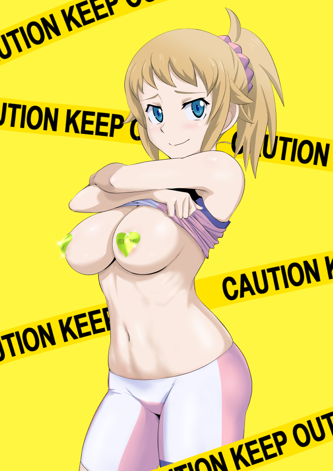 1girl areola_slip areolae armpits arms_up bare_arms bare_shoulders bike_shorts blue_eyes blush breasts breasts_outside brown_hair caution_tape closed_mouth clothes_lift cowboy_shot gundam gundam_build_fighters gundam_build_fighters_try hair_ornament hair_scrunchie heart_pasties hoshino_fumina keep_out lifted_by_self long_hair looking_at_viewer medium_breasts minpei_ichigo navel pasties ponytail scrunchie sidelocks simple_background smile solo sparkle sports_bra stomach undressing yellow_background