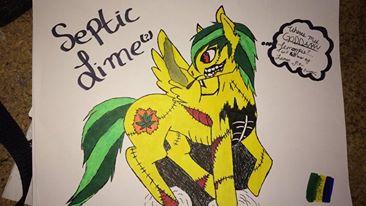 anonymous_artist drugs equine fan_character fur green_hair hair horse mammal marijuana pony red_eyes revealed_flesh septic_lime smile smoking stitches traditional_media_(artwork) yellow_fur