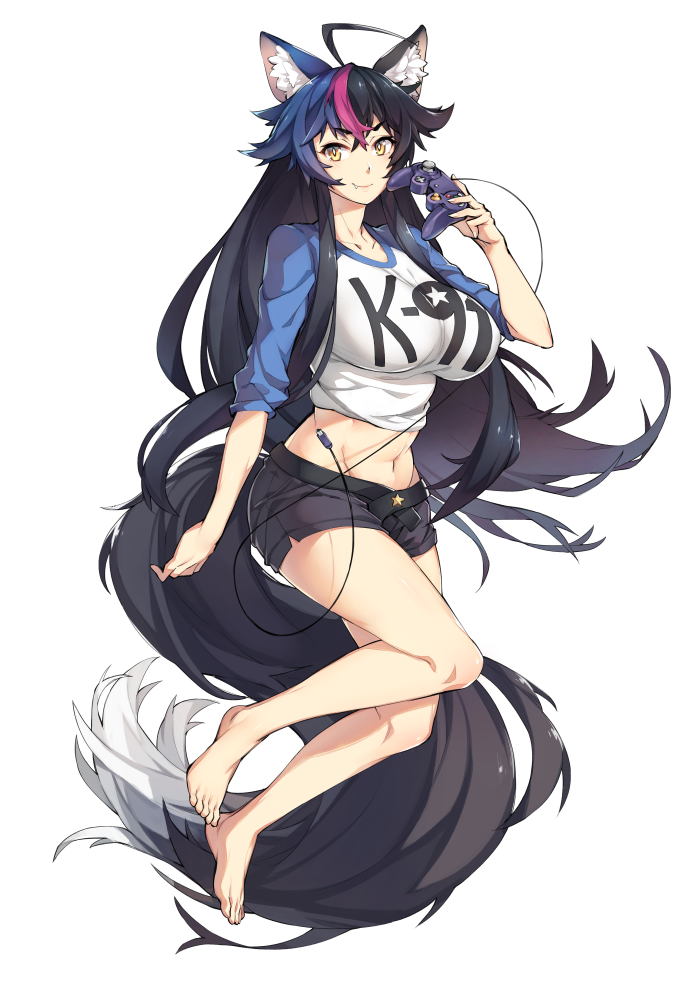 animal_ears barefoot black_hair breasts controller fang full_body gamecube_controller gebyy-terar large_breasts long_hair midriff multicolored_hair raglan_sleeves shorts simple_background solo tail yellow_eyes