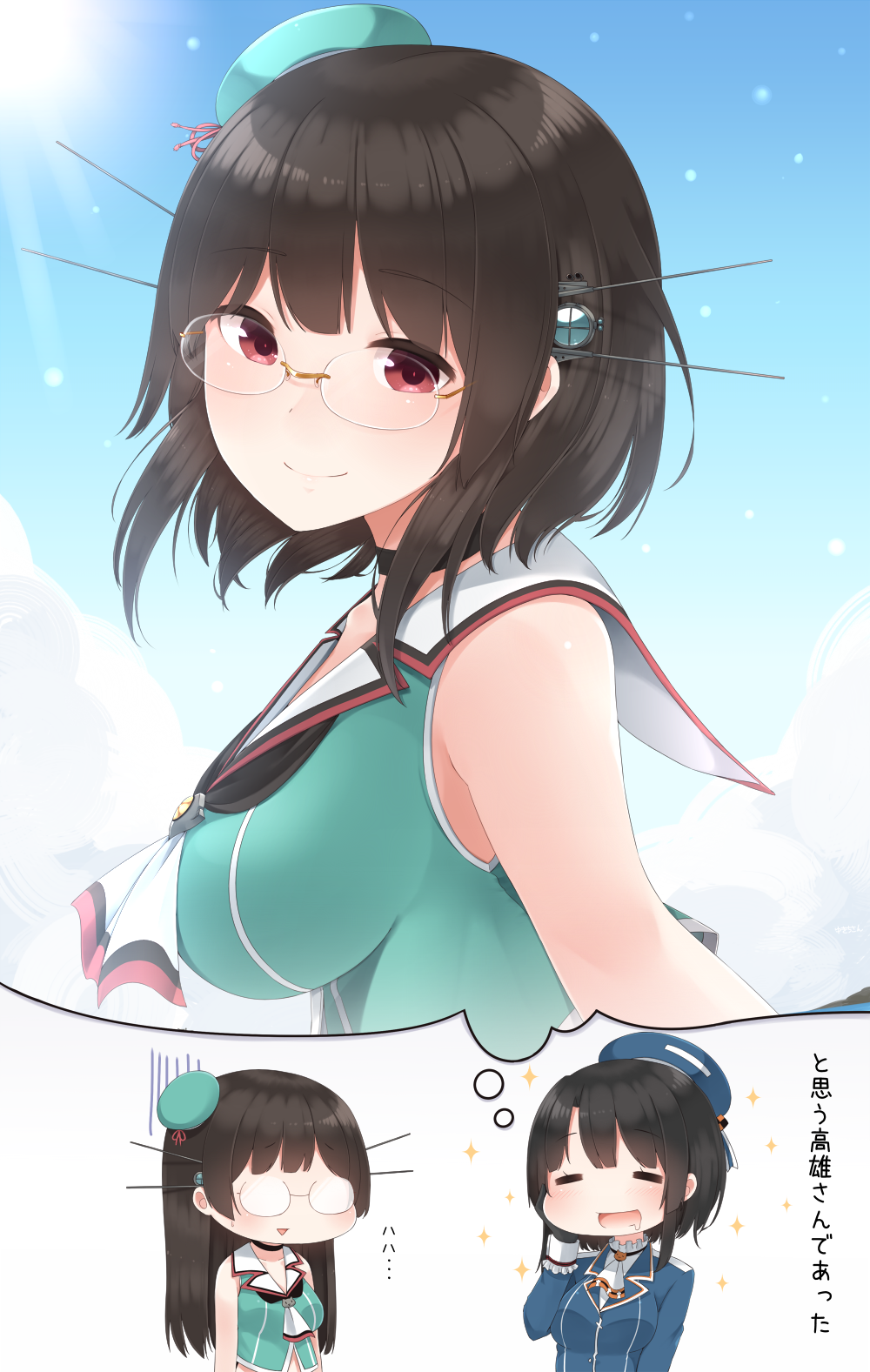 ^_^ ^o^ alternate_hair_length alternate_hairstyle bare_shoulders beret black_hair breasts check_translation choker choukai_(kantai_collection) closed_eyes commentary_request glasses hat highres imagining kantai_collection large_breasts long_hair looking_at_viewer looking_to_the_side mini_hat multiple_girls red_eyes remodel_(kantai_collection) school_uniform serafuku short_hair takao_(kantai_collection) translation_request yukichi_(sukiyaki39)