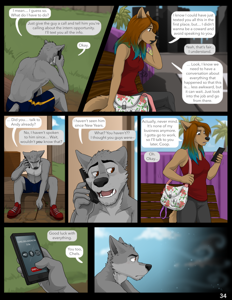5_fingers anthro brown_hair canine chelsea_addison clothed clothing comic cooper_estevez dialogue dog english_text eyebrows female hair half_naked headphones jackaloo male mammal outside phone solo text