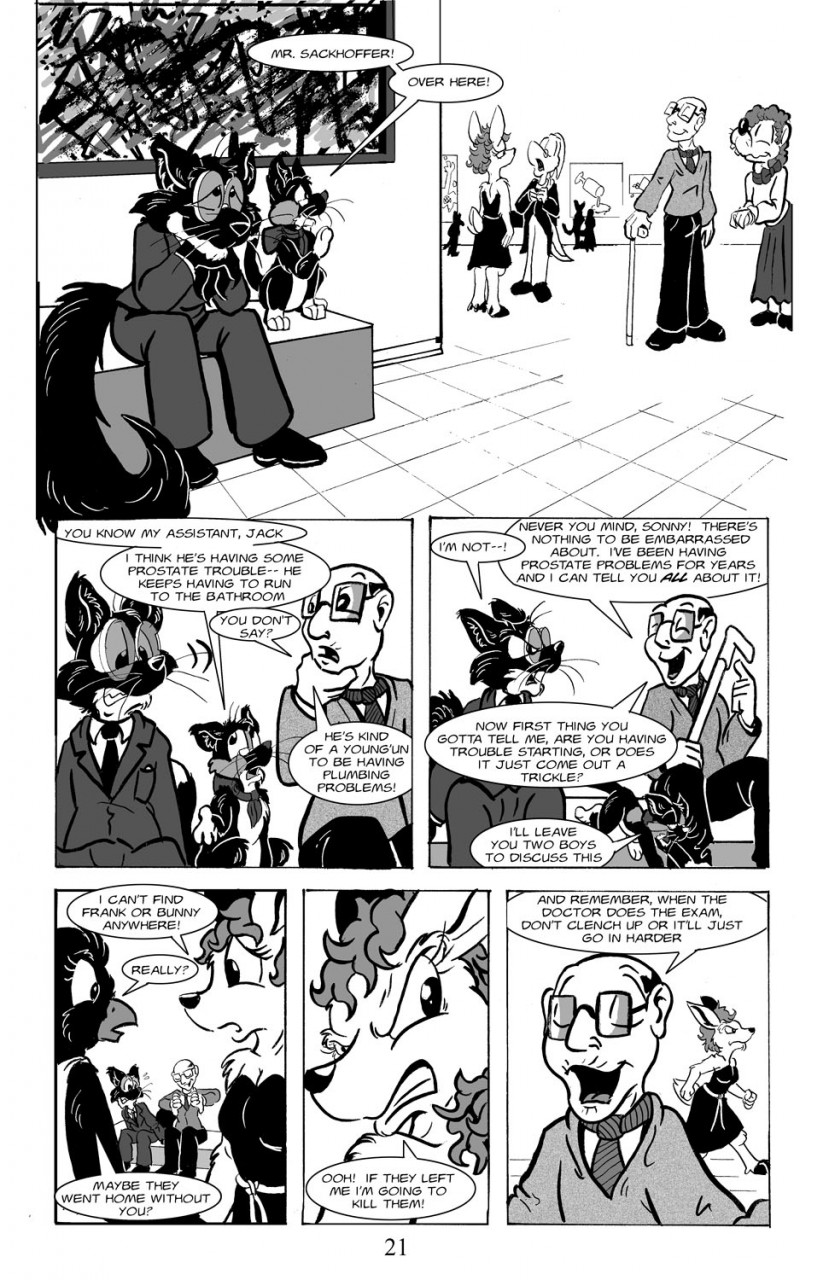 2008 anthro bored bow cat cervine clothed clothing comic deer driprat english_text eyewear feline female glasses grin group human invalid_tag jack_salem male mammal museum mustelid ouse quadruped roz_gibson sable simone speech_bubble story suit text weasel